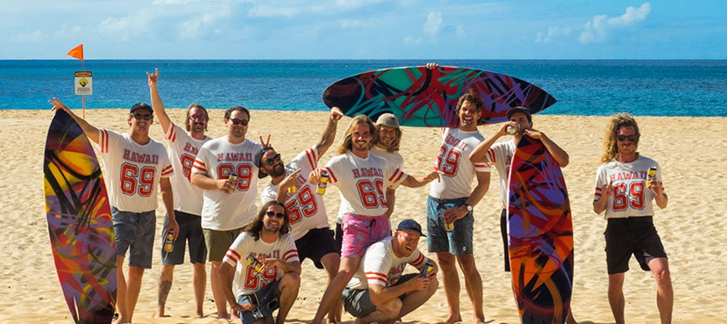Rip Curl crew posing on a beach, all wearing Hawaii 69 sports jerseys
