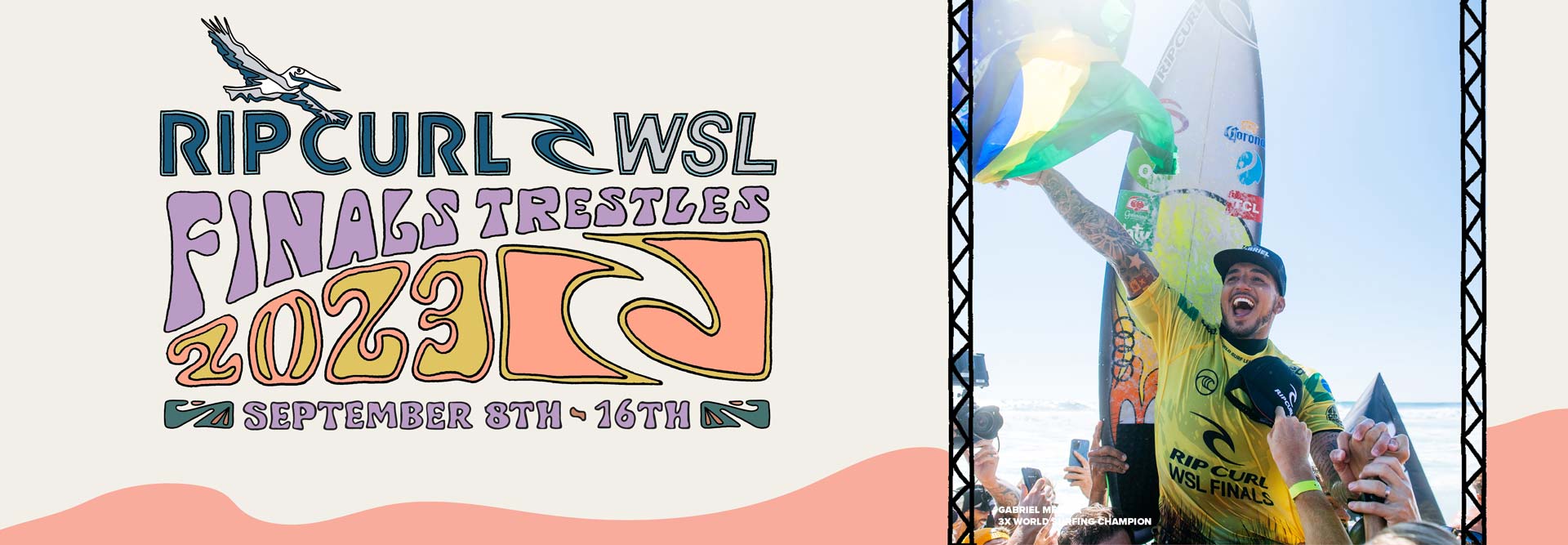 Rip Curl WSL Finals Logo and image of Gabriel Medina wining in 2021